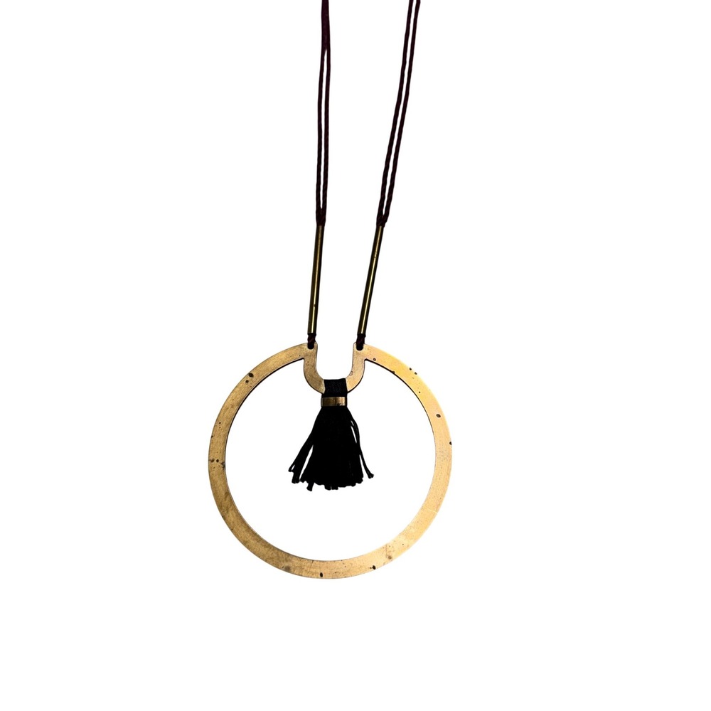 Artisan Hammered Brass Open Circle Tassel Pendant Necklace Burgundy Cord Boho